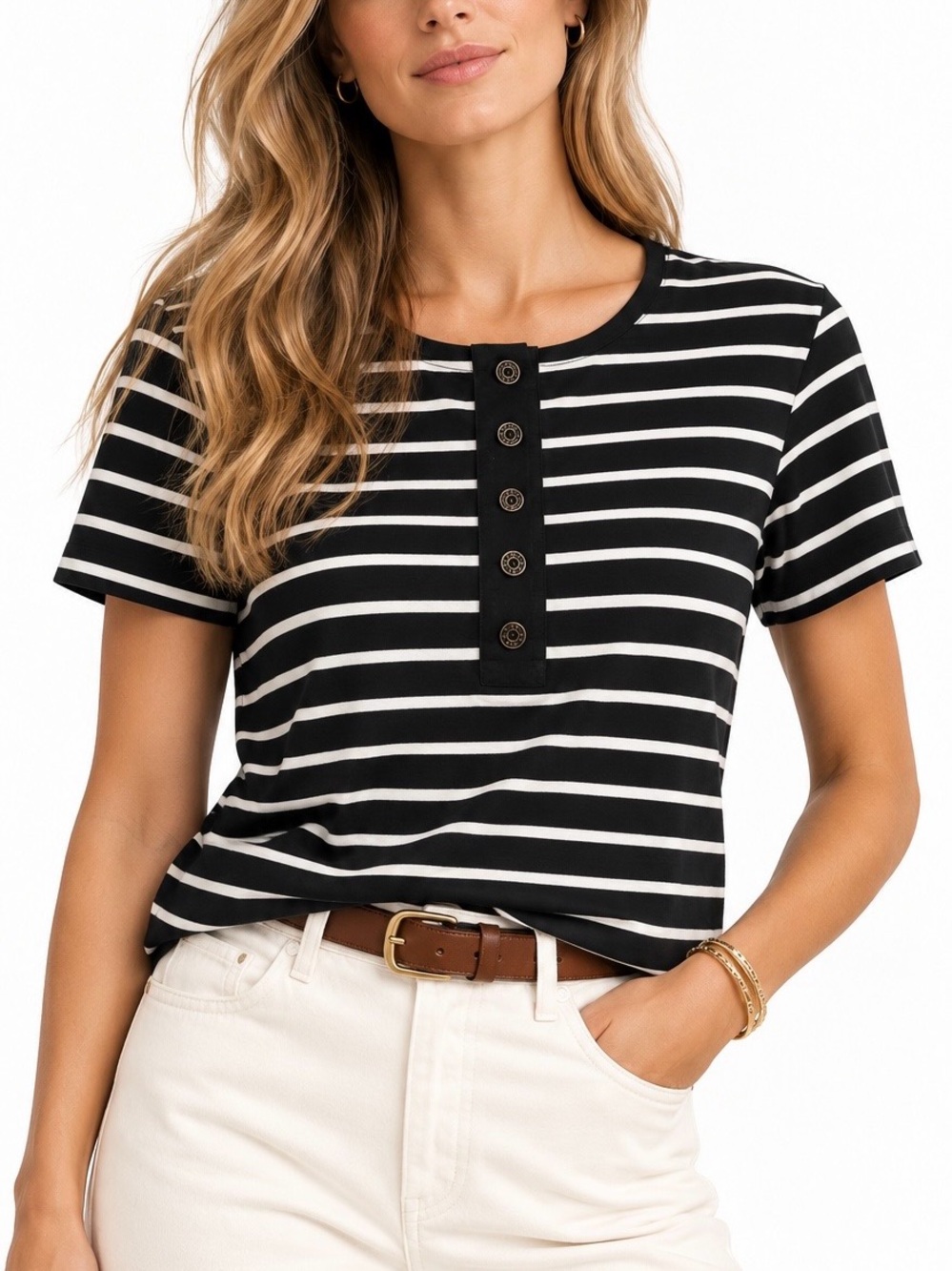Lauren Ralph Lauren 100% Cotton Short Sleeve Henley Tee Striped XL Black White